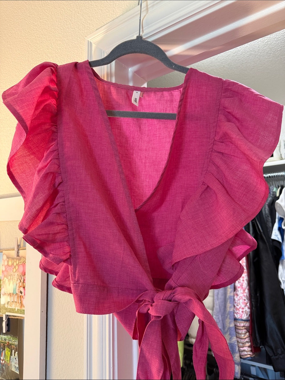 Women's Fuchsia Ruffle Tie-Front Top
